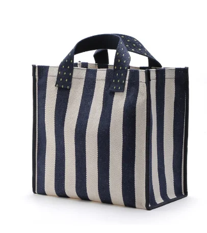 

Korean Style Striped Reusable Shopping Tote Linen Jute Handbag for Picnic, Customize