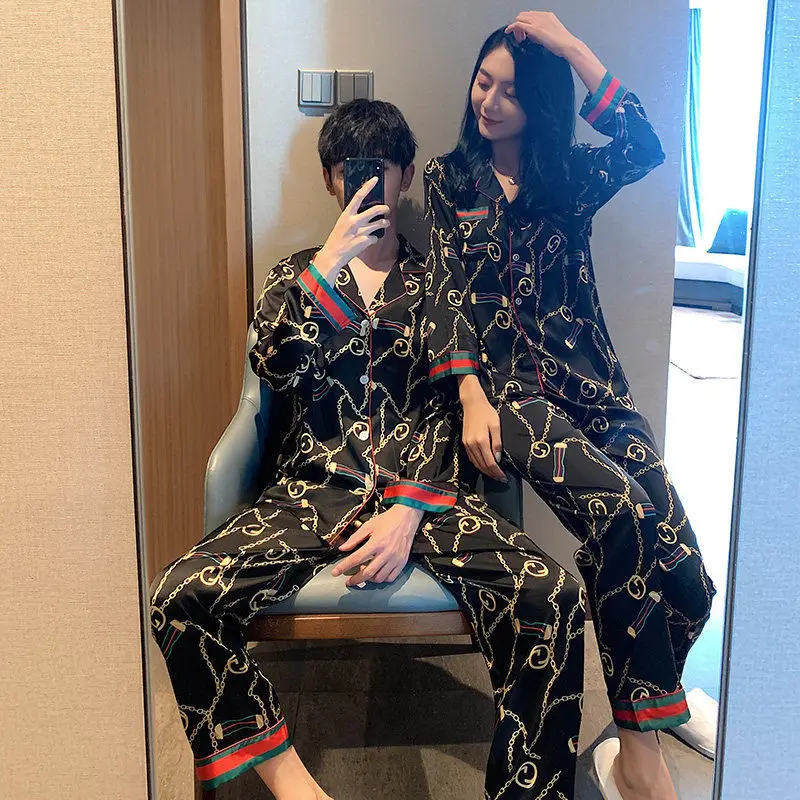 

New Designer Long sleeve Men's And Women's Sleepwear Silk Couples Pajamas Sets, Grey,blue,black,green,red,pink,purple
