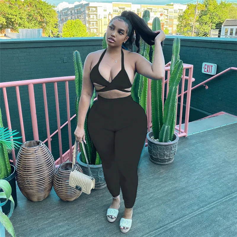 

Wholesale Custom Solid Halter Cross Bandage Sexy Skinny Bodycon Corset Top & Leggings Sets Women Two Pieces Set
