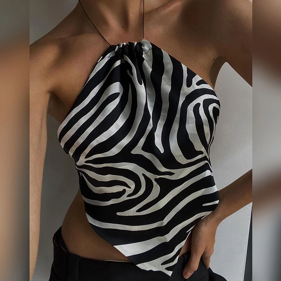 

Kliou K20B11268 Halter Asymmetry Zebra Stripes Camisole Tank Top Women Crop Top