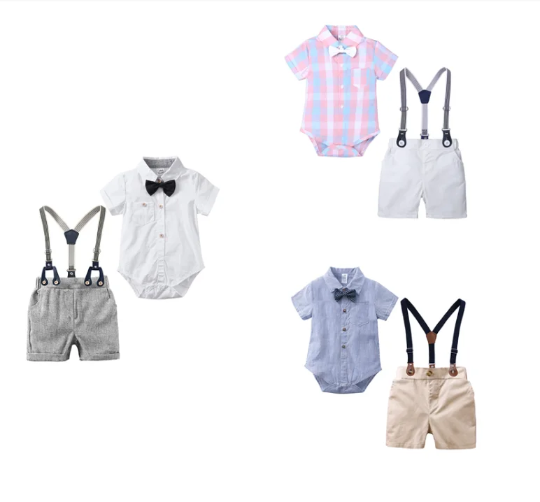 

2021 Gentleman Dress Plaid dot Tie bow Short Sleeve pocket Jumpsuit Shorts four Pieces Suit boys clothing sets for summer, As pic shows, we can according to your request also