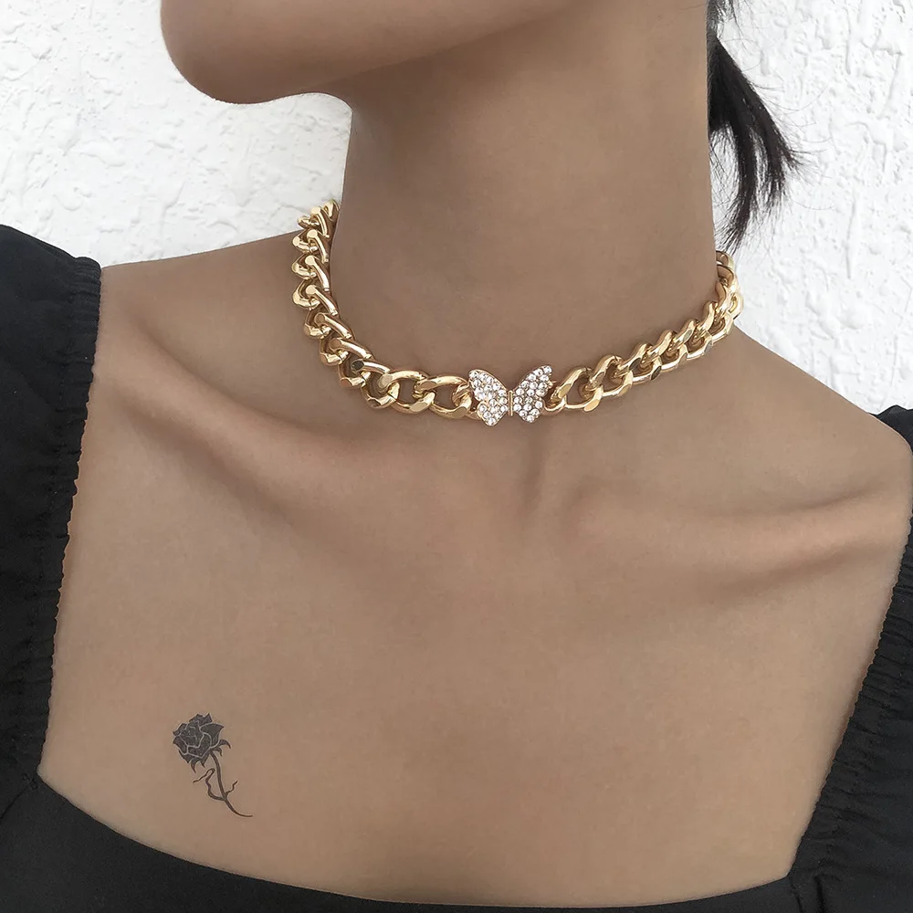 

Fashion Street Girl Choker Jewelry Gift Wholesale Punk Hip Hop Personality Butterfly Necklace, Gold and silver