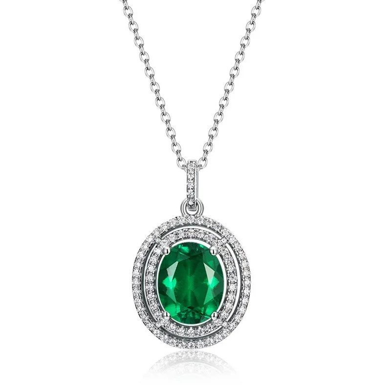 Oval Emerald Double Halo Luxury Link Chain Pendant Necklace 925 Sterling Silver Gold Plated Gemstone Jewelry Women Wedding Gift