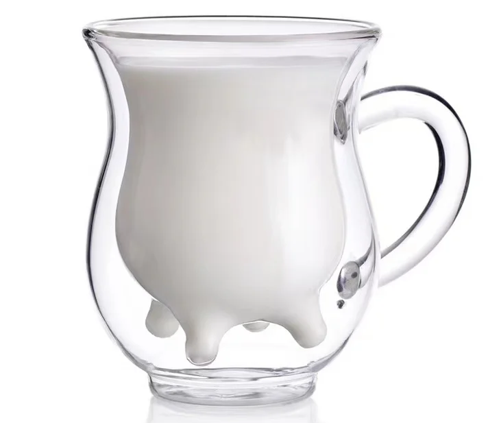 

Promotional classic cow shape double wall glass cups mugs for coffee tea beer milk good feel for hand with handle