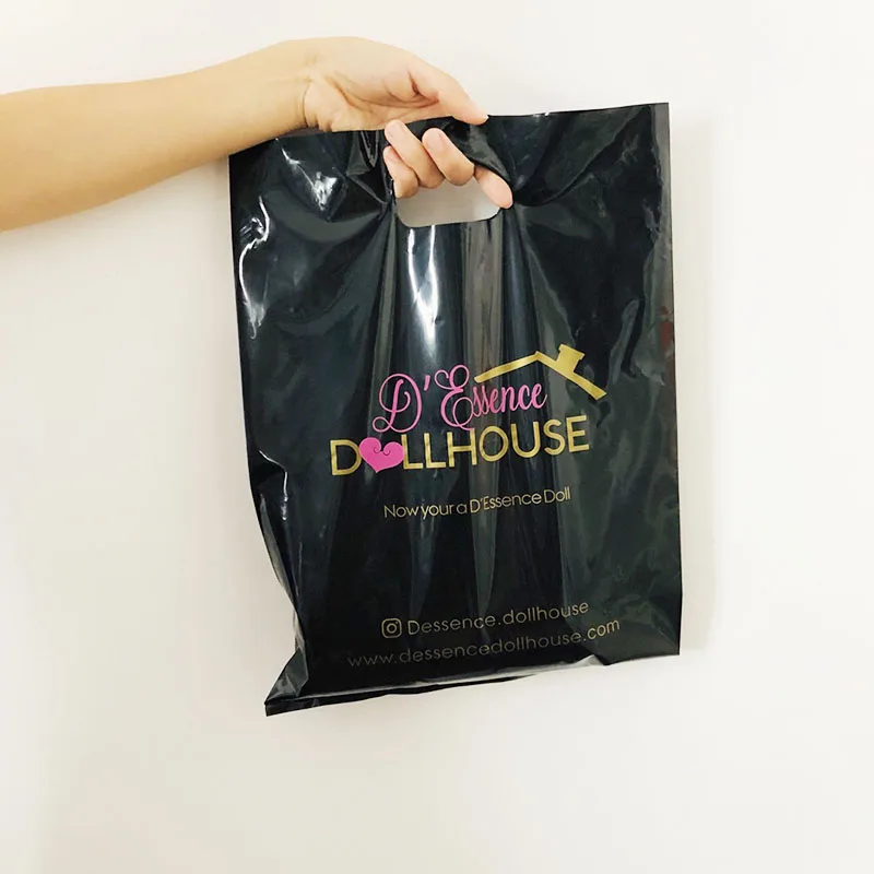 

Custom Logo Printed plastic die cut Black shopping bags /carrier bags /merchandise bag for boutique