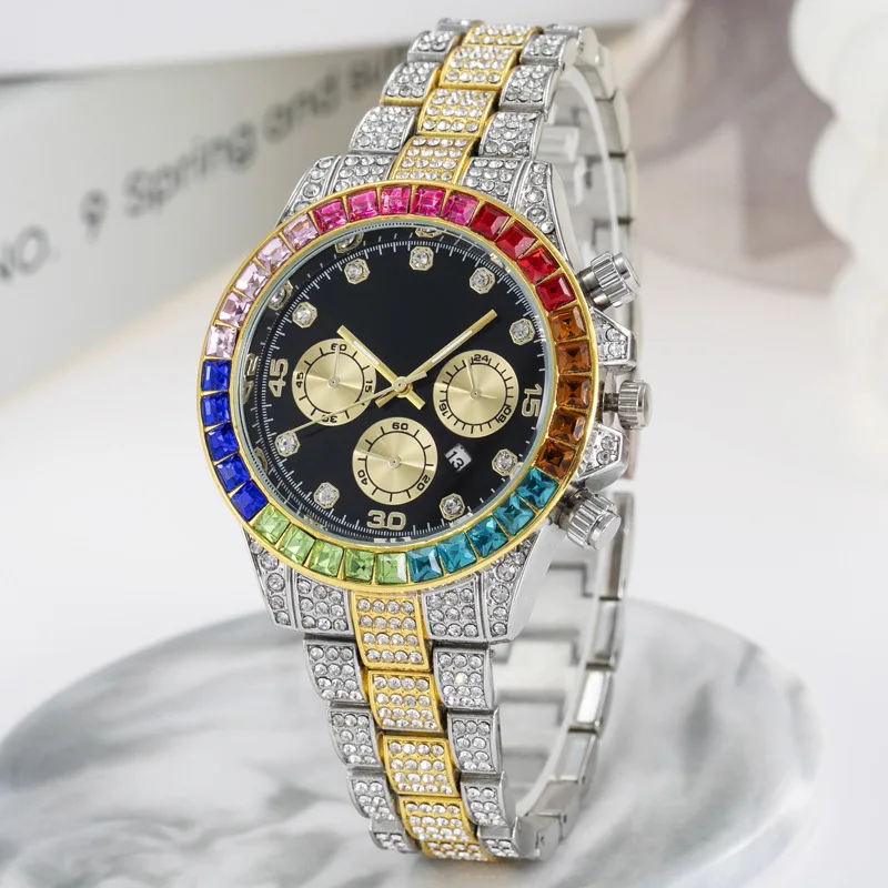 

Luxury Dropshipping China Wholesale Colorful Rainbow Diamond Watches Men Gold Bling Hip Hop Iced Out Watch