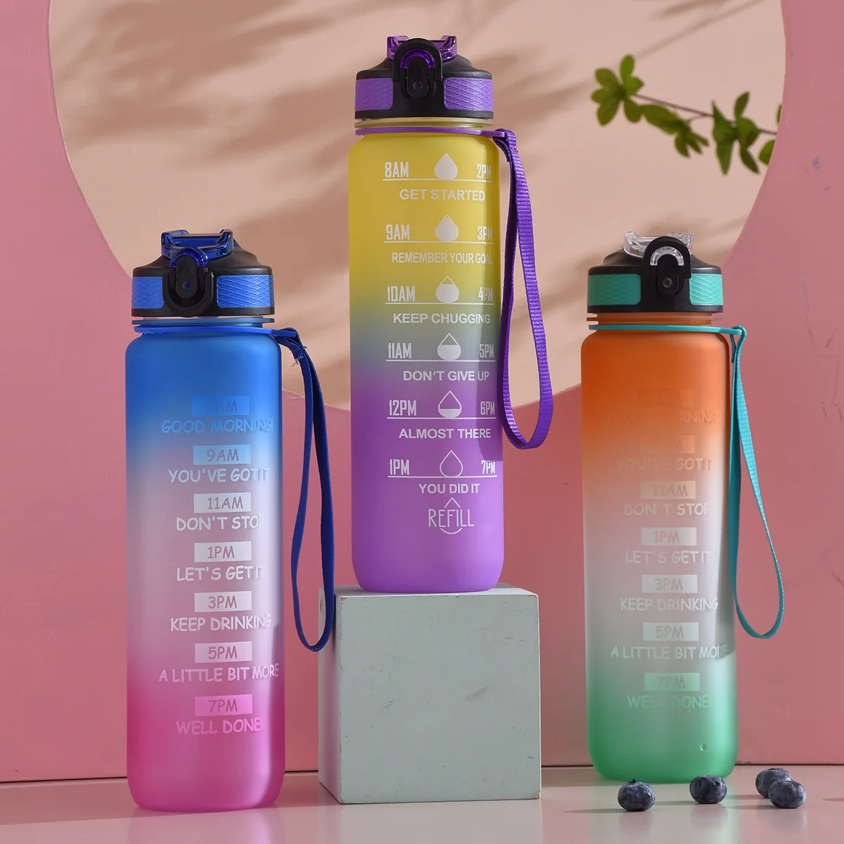 

32oz Leakproof BPA Free Drinking Water Bottle with Time Marker & Straw Frosted Sublimation Water Bottle, Sky bule/black/pink/green