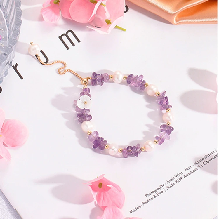 

Handmade jewelry amethyst freshwater pearl bracelet women latest designs charm crystal bead bracelet adjustable custom bracelet