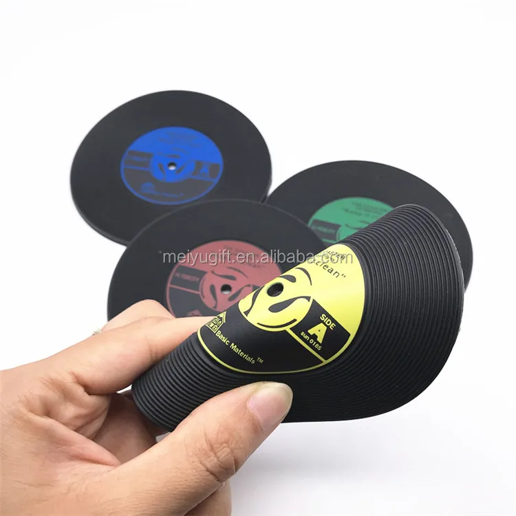 

Customize logo vinyl coaster cup mat Soft PVC rubber retro record coaster, Black