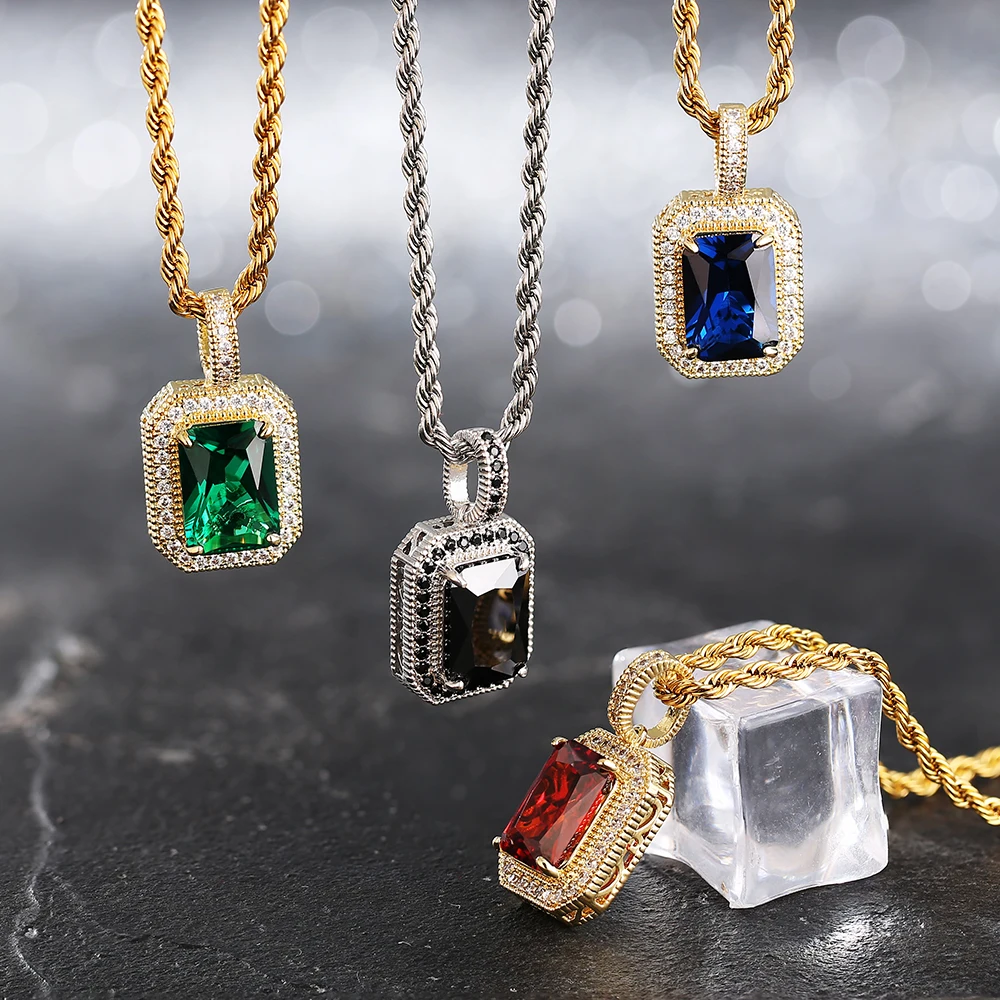 

KRKC Dainty Luxury Bezel birthstone stone Pendant Necklace Jewelry Stainless Steel Black Sapphire Emerald Ruby Gemstone Necklace