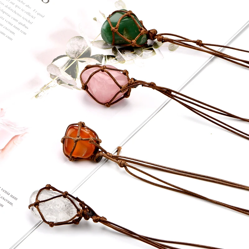 

Hand Craft Knotted Adjustable Necklace Natural Rock Gemstone Pendant Crystal Irregular Stone Necklace