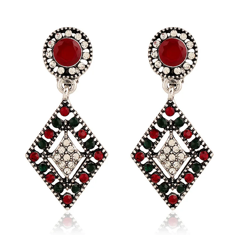 

European and American Earrings Vintage Rhombic Pendant Ear Clips Non Piercing Clip On Earrings for Women Bohemian Ethnic Jewelry, Antique gold, antique silver
