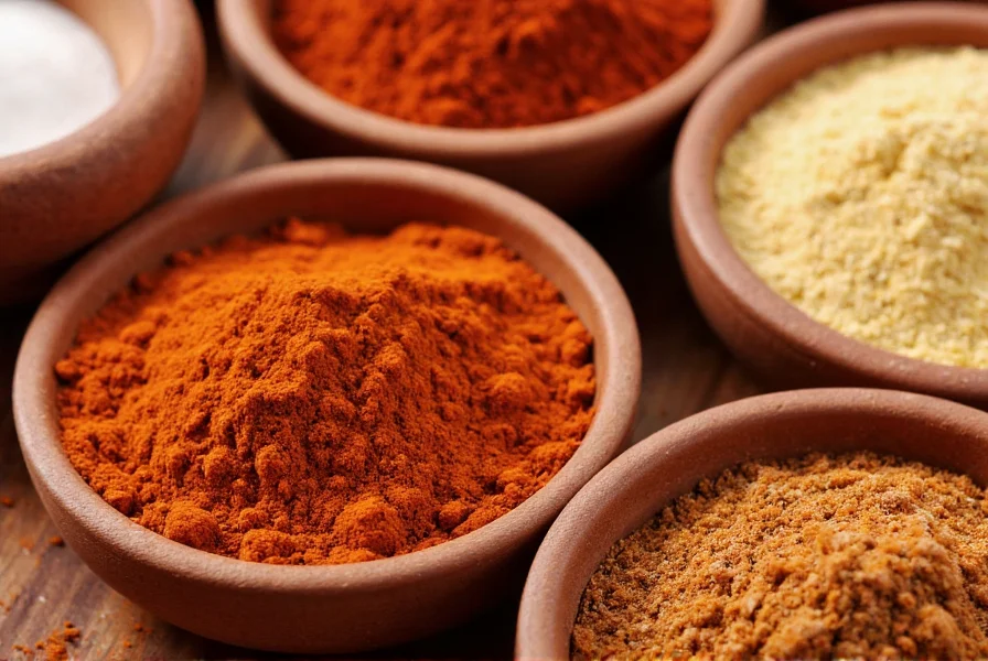 Close-up of various spices arranged in small bowls for chili preparation including chili powder, cumin, garlic powder, and smoked paprika