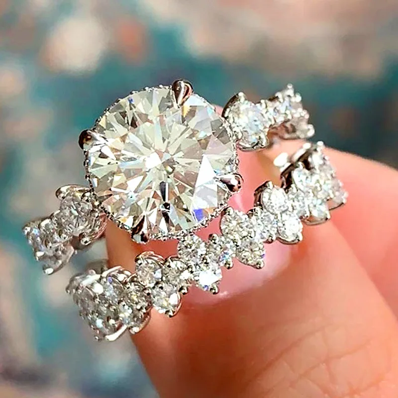 

2pcs White Gold Plated Full Cubic Zirconia Wedding Rings set Big Round Zircon Engagement Rings for Bride Jewelry