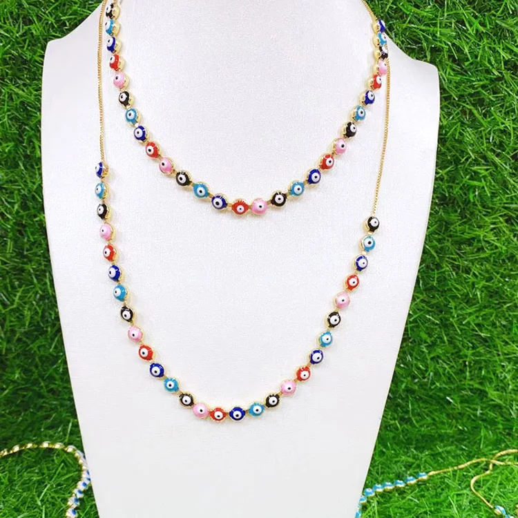 

Colorful Rainbow Enamel Evil Eye Bead Slide Chain Choker necklace for women ladies,