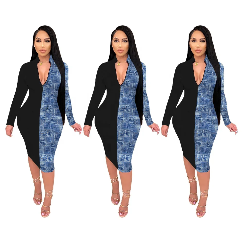 

B63642A Hot style fashion patchwork color denim print sexydeep v-neck dress, Black