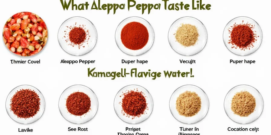 Infographic showing flavor notes of Aleppo pepper: smoky, sweet, citrusy, earthy