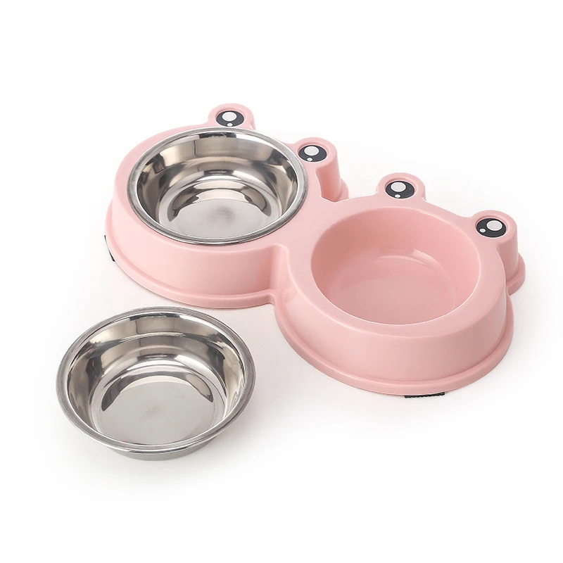 

Dog Feeding Double Bowl Frog Shape Pet Feeder Puppy Food Container Stainless Steel Cat Drinking Water Dish Dogs Drinker Bowls, Blue,green,pink