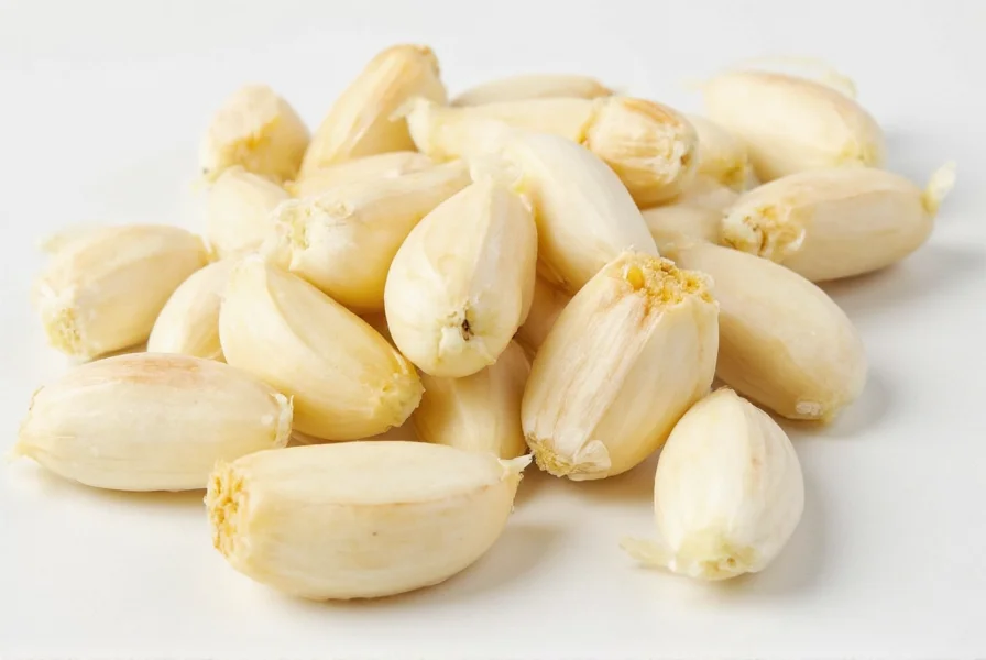 Two cloves of fresh garlic next to measuring spoons showing 2 teaspoons of minced garlic
