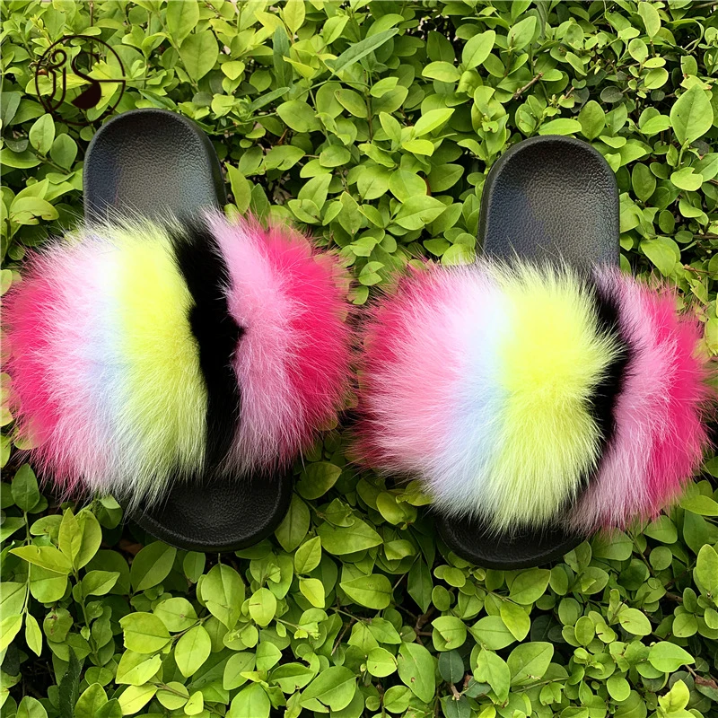 

Multi-color splicing fox fur slippers natural fur slides footwear shoes women ladies slippers fur slides, Picture