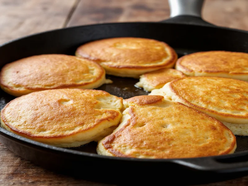 Fluffy golden pancakes on cast iron skillet