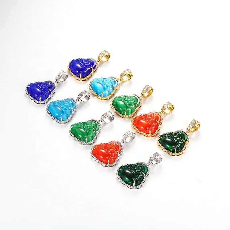 

Blues RTS Hip hop micro pave cubic zircon Gold Crystal Jade Buddha Necklace With 24inch Rope chain