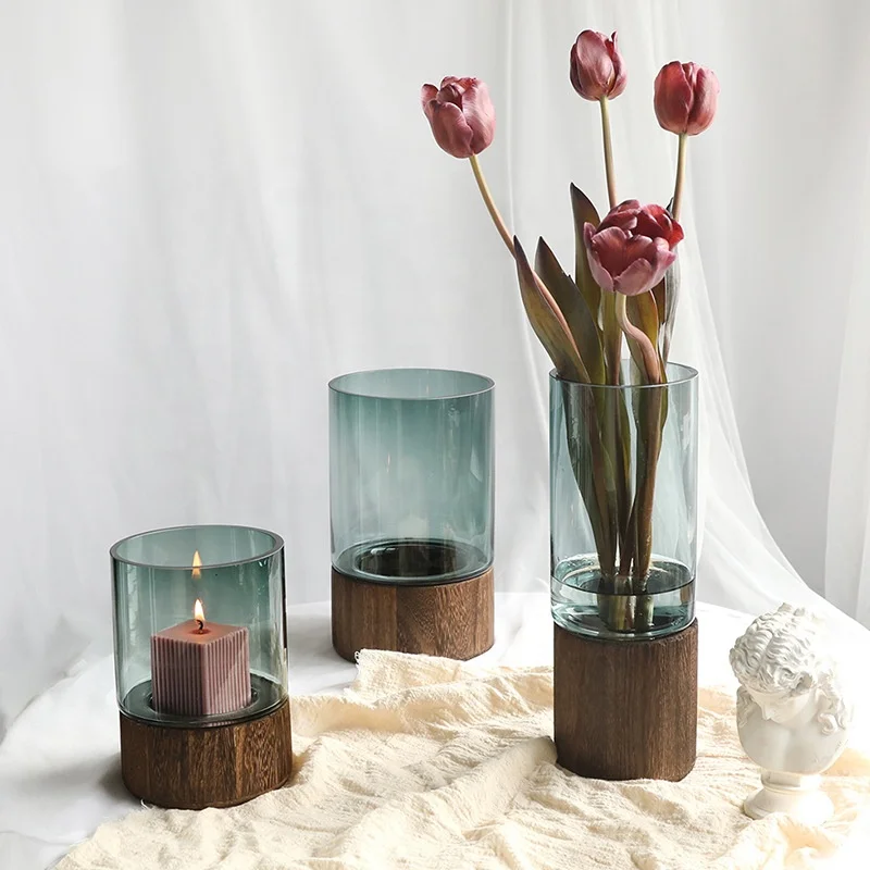 

Nordic ins light luxury simple home solid wood base transparent glass vase floral flower arrangement soft decoration, Colorless/green