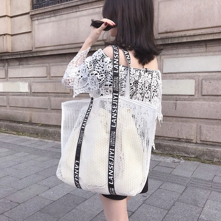 

White Inner Drawstring Bag Letter Printed Strap Clear Mesh Transparent Beach Tote Bag Simply Handbag