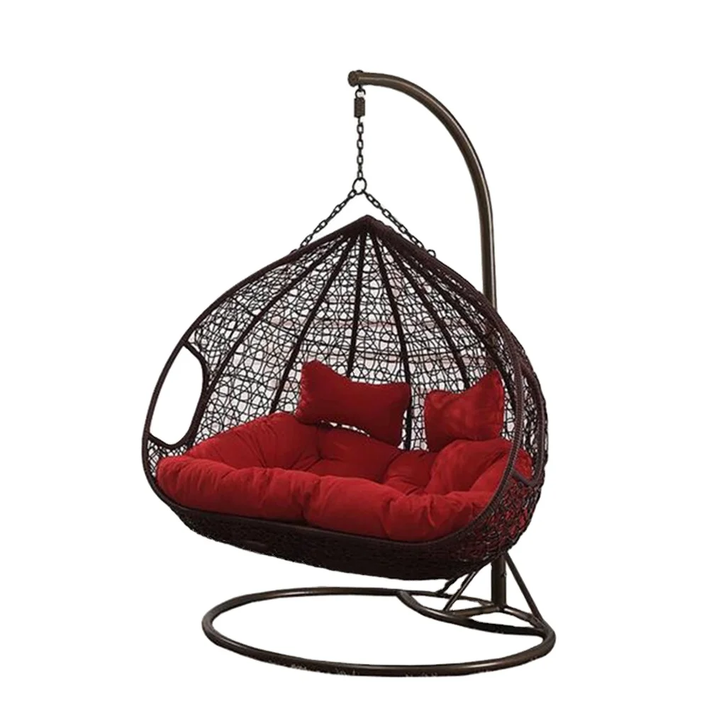 Indoor outdoor furniture Patio rattan wicker double seat hanging egg swing chair with metal stand