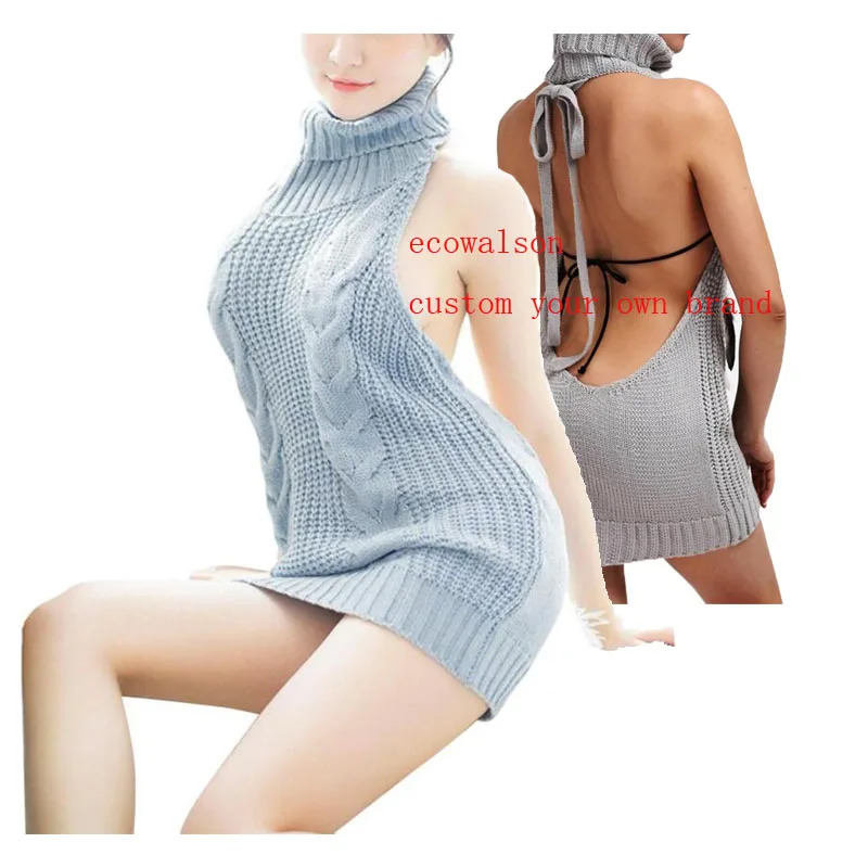 

ecowalson Sexy Women's Sweater Fashion Backless Sleeveless Turtleneck Pullover Knit Sweater Virgin Killer Cosplay Dress Female