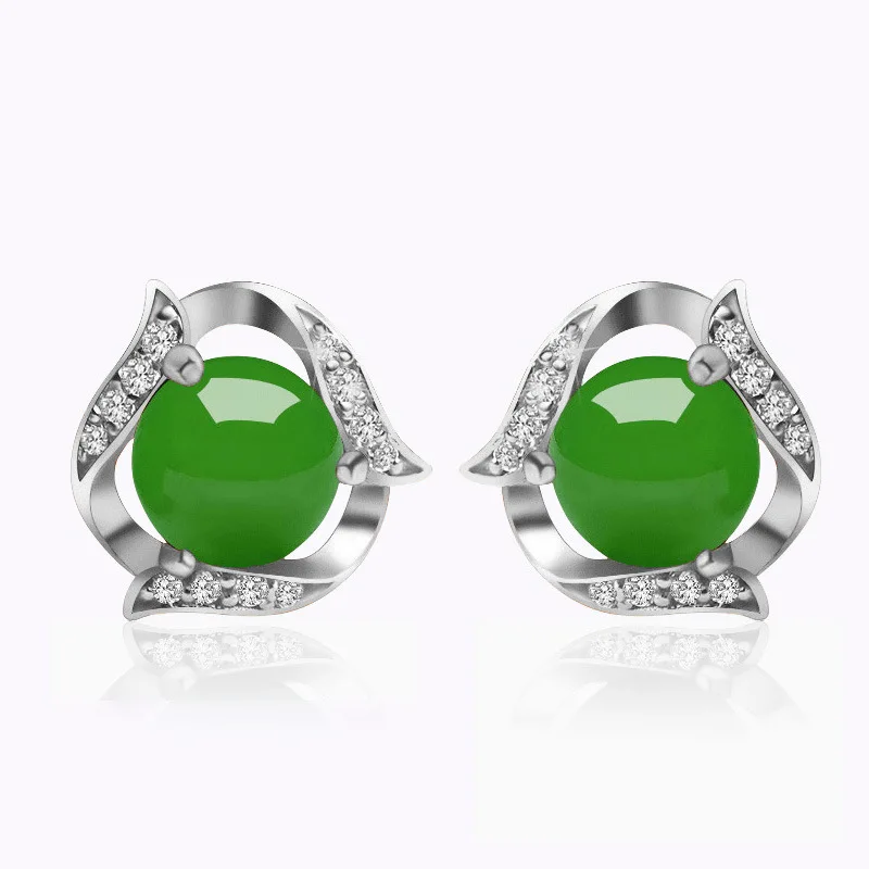 

Chinese Style Rose Gold Plated Cubic Zirconia Green Jade Stud Earrings Round Green Agate Stud Earrings For Women