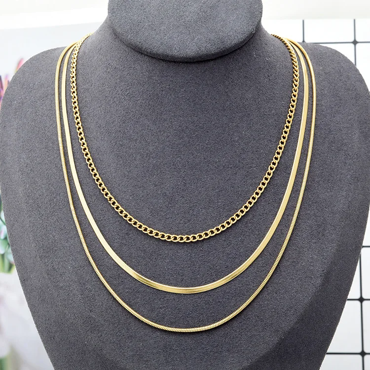 

Fashion Jewelry Stainless Steel 18K Gold Plated Multilayer Necklaces Herringbone Snake Chain Triple Layered Necklace YF3250