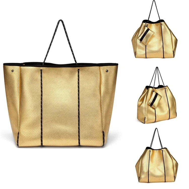 

2021 Factory Wholesale Perforated Neoprene Bag Beach Bag Tote Travel Handbag for Women Golden Hollow Out Vastop Frame 3mm