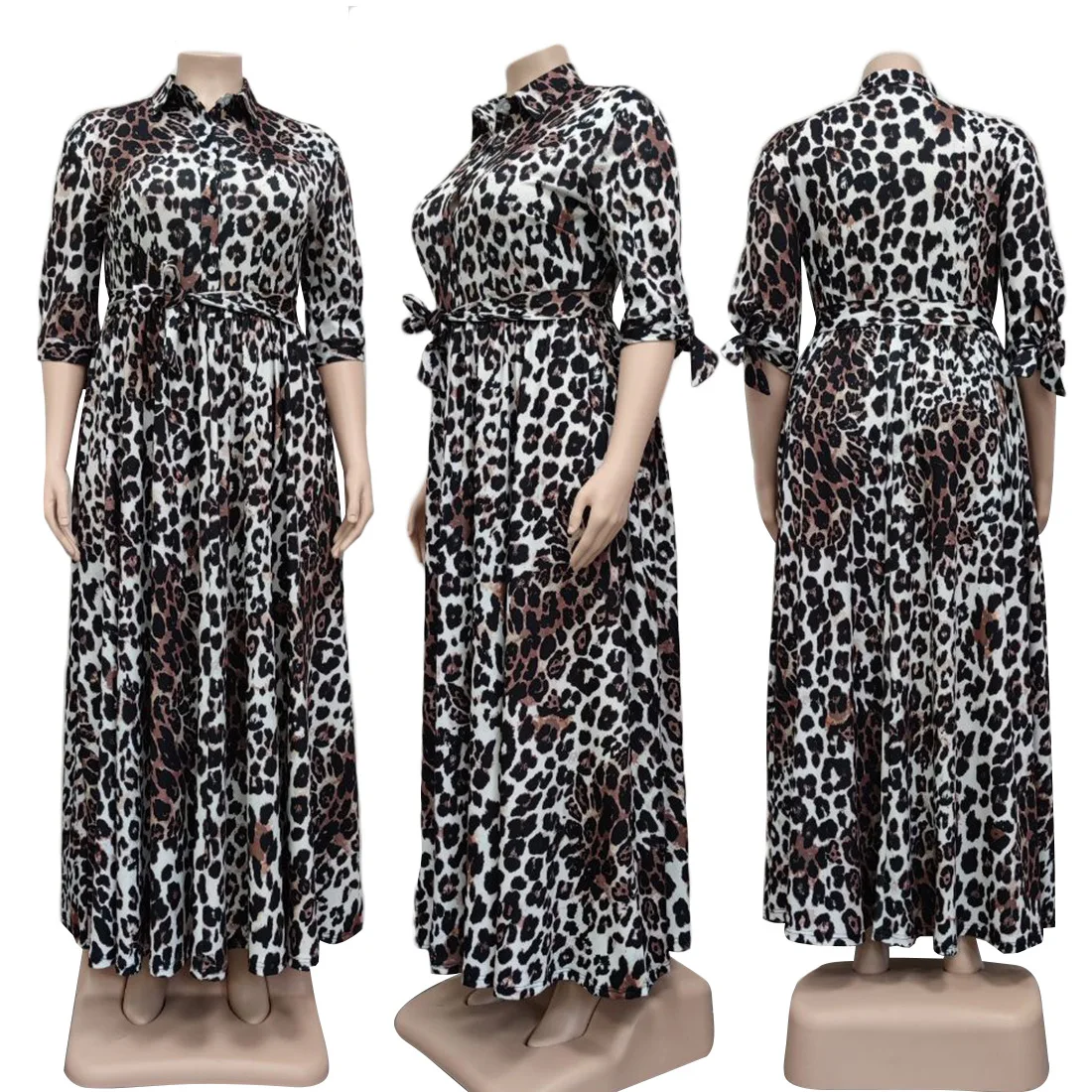 

2021 Hot Sale Summer Women Casual Plus-size Xl-5xl Leopard Print Turn-down Collar Elegant Dress
