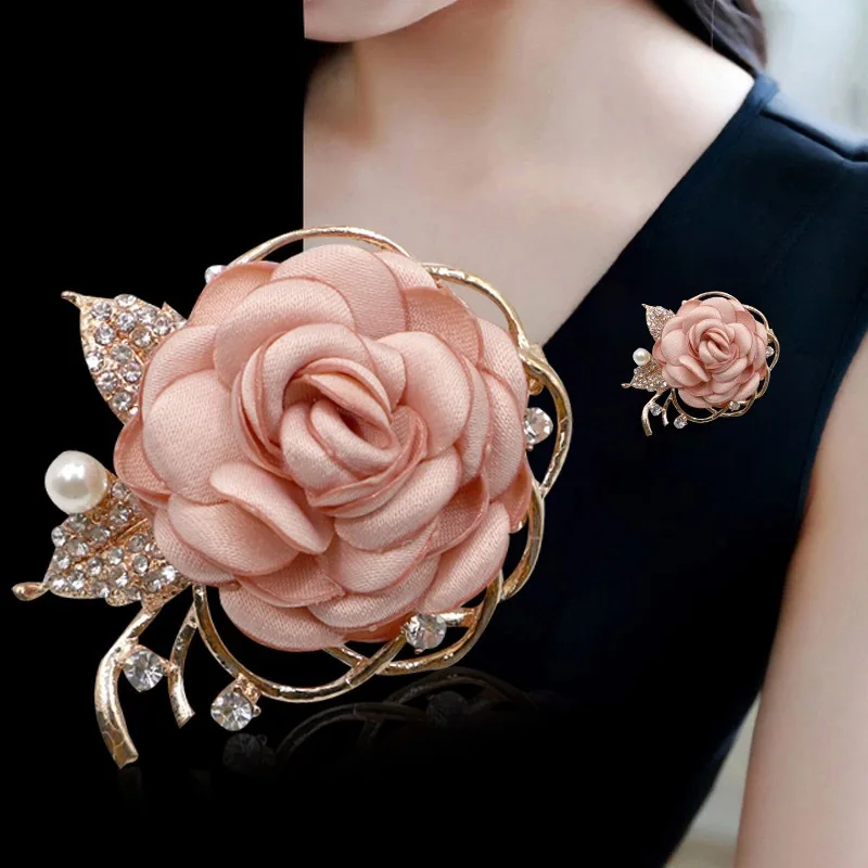 

Elegant Clothes Accessories Fashion Wedding Brooches Gold Plated Pearl Rhinestone Cloth Rose Pin Brooch For Women