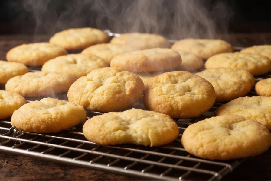 Golden cardamom cookies cooling on wire rack with steam rising