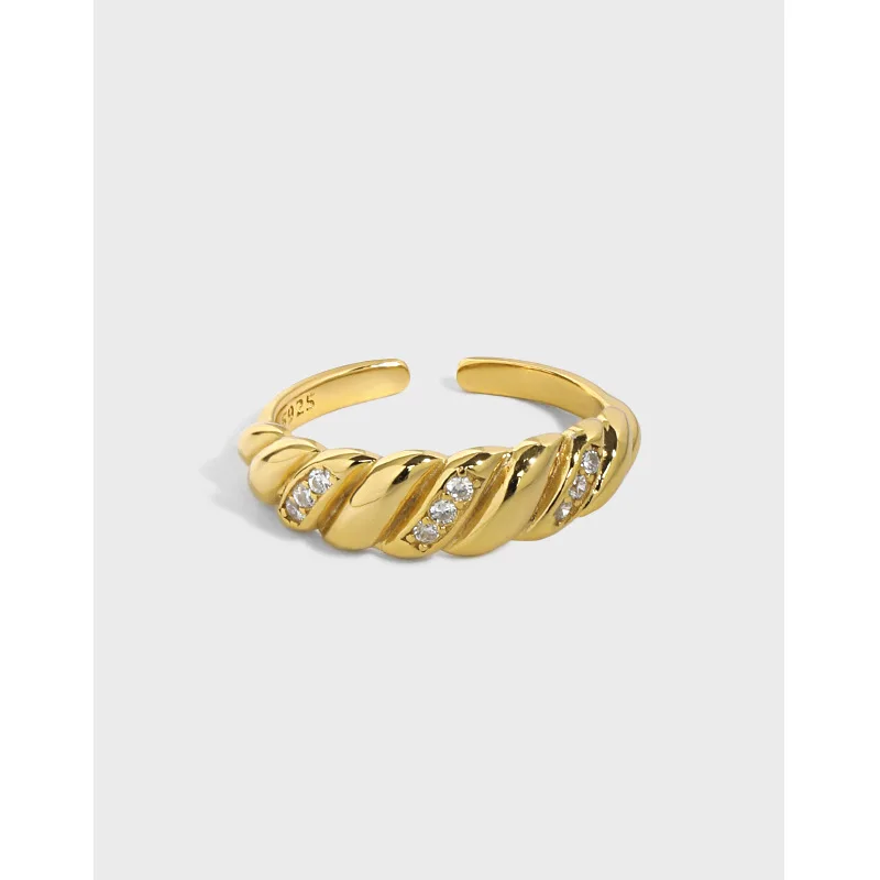 

Ins Hot Selling Gold Plated Chunky Crystal Micro Pave Diamond 925 Sterling Silver Cz Stone Open Croissant Ring