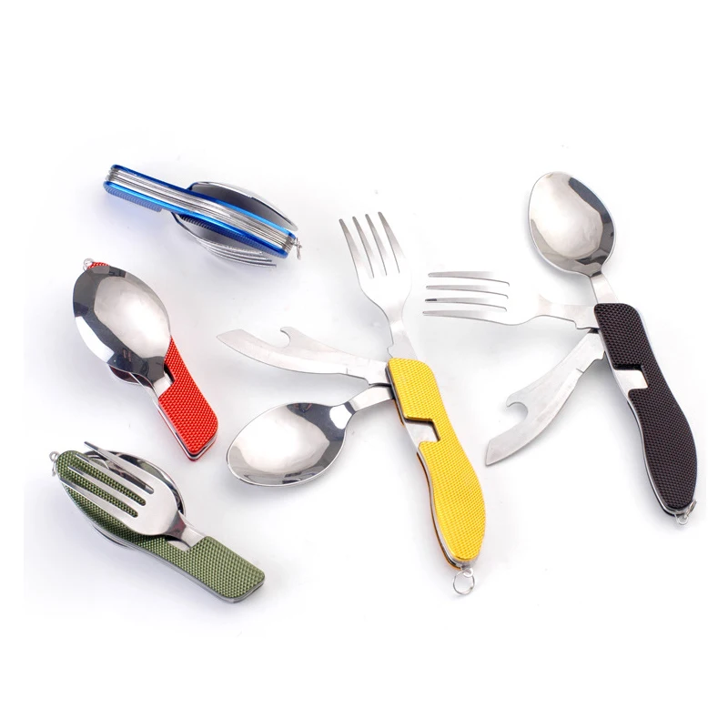 

Stainless steel metal titanium foldable collapsable camping outdoor travel folding spork knife spoon fork bottle can opener, Customized color