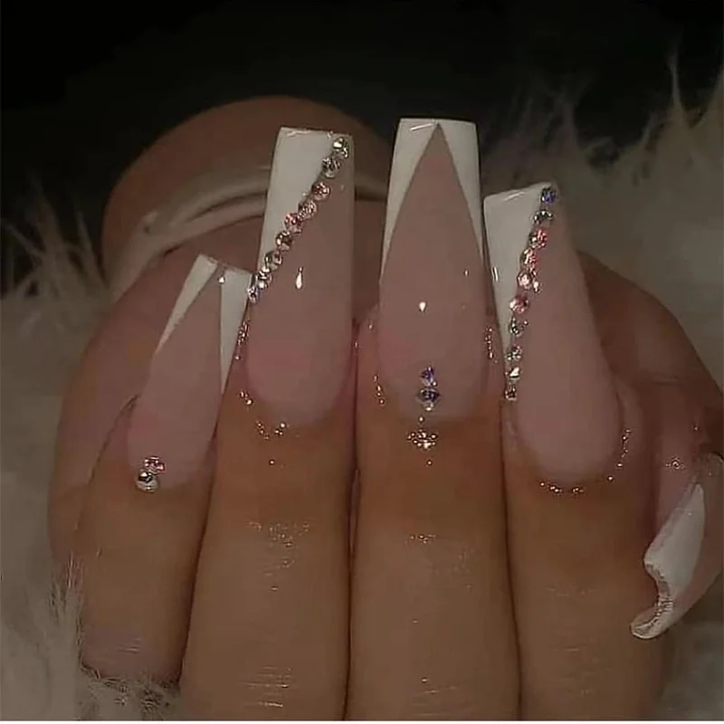 

Paso Sico Long Ballerina AB Rhinestone White V Shape French Style Popular Press on Nails in Bulk 24pcs