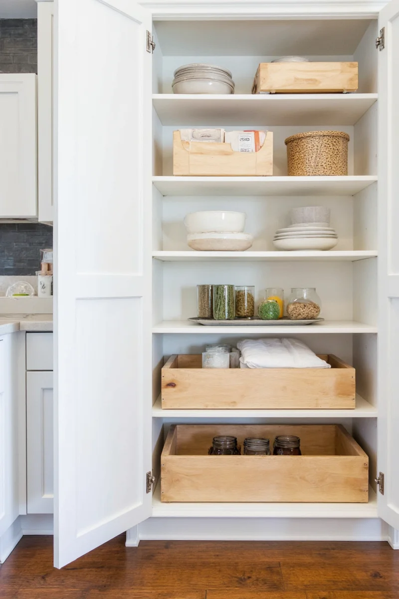 Close-up of pantry shelves hardware details