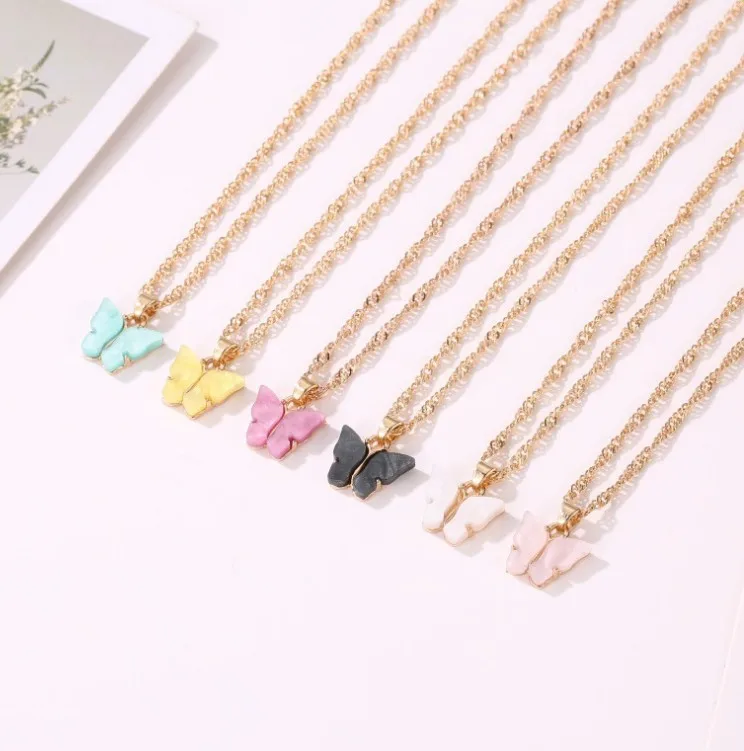 

Hot Selling Sweet Exquisite Gold Plated Girls Jewelry Sets Colorful Acrylic Butterfly Pendant Necklace Earrings Set, Multicolor