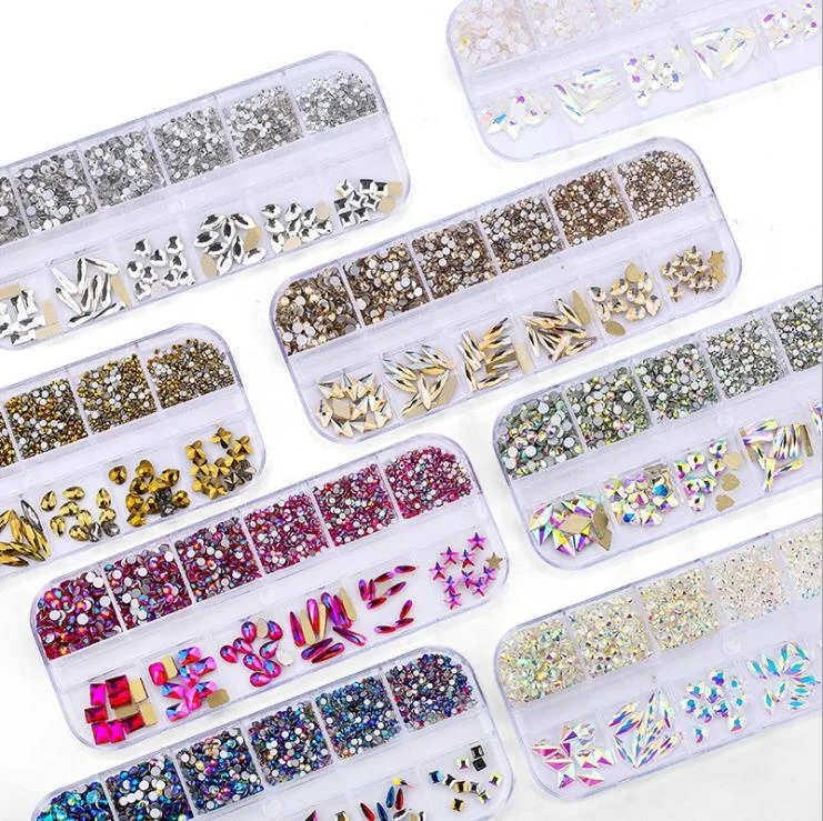 

12 Grid/Set Mixed 3D Flat Back crystals Glass diamonds for Nail Art Decoration DIY Nail Rhinestone, Colorful