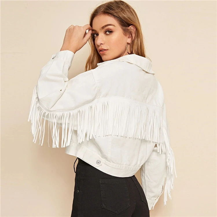 

Wholesale Women Cothing Casual Fringe White Denim Jacket