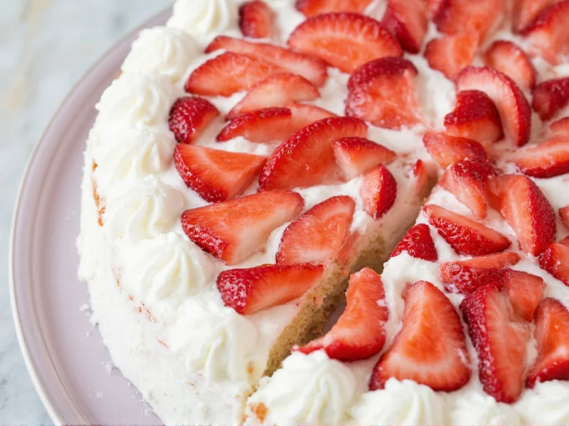 Sliced homemade strawberry cake with whipped cream