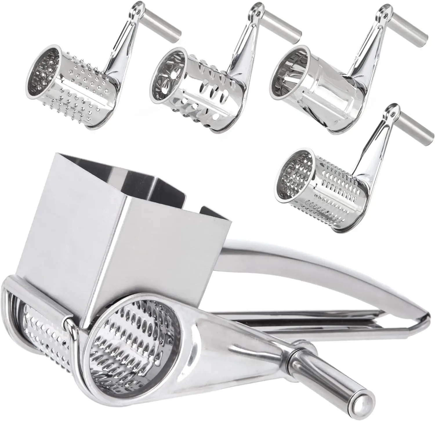 

4 in 1 Rotary Cheese Grater Cheese Cutter Slicer Shredder with 4 Blades and Handle Stainless Steel Manual Handheld Grater