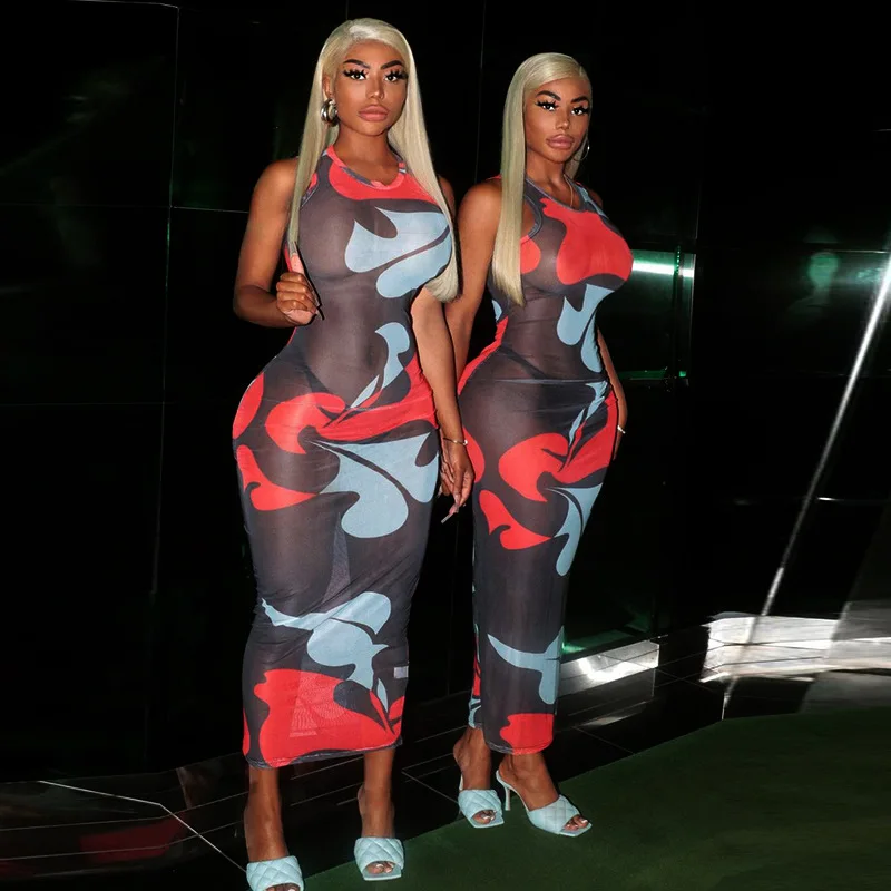 

New Collection Sexy Bodycon See Through Mesh Sleeveless Maxi Casual Women Summer Dress 2021, 1 colors in stock