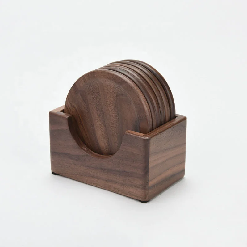 

6pcs Natural Beech Wood Coasters Sets Round Type Beer Coffee Tea Cup Wooden Coaster with Holder Set