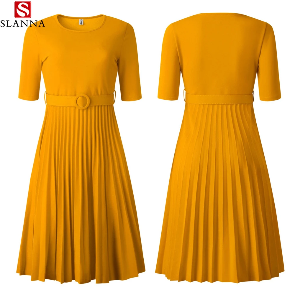 

Slanna 2021 plus-size women's high-waisted pleated fashion dress with five-quarter sleeves, 5 colors
