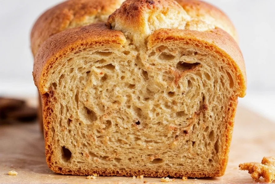 Perfectly baked cinnamon bread with visible swirls, golden crust, and soft interior on a wooden cutting board