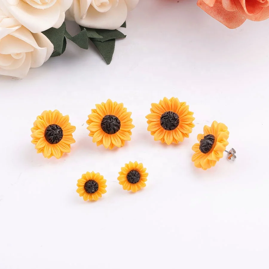 

Sunflower Earrings Stainless Steel Stud 15mm 18mm 25mm Resin Cabochon Earrings for Women Jewelry Gift